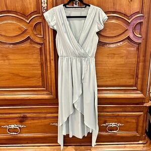 Alice + Olivia Ilissa Dress Flutter-sleeve Silk Wrap In Dusty Aqua Size 6